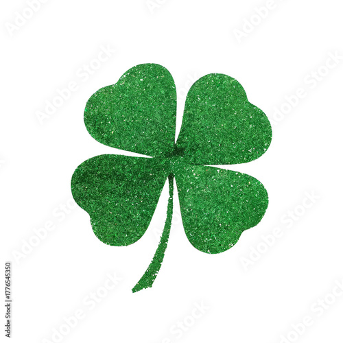 Four Leaf Clover Made of Green Glitter is Displayed on a White Background for...