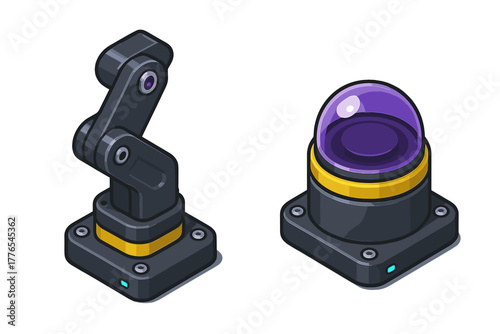 Isometric robotic arm joint component and futuristic sensor beacon for technology design