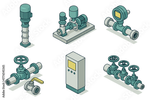 Isometric set of industrial machinery components including pumps, pipe fittings, valves, and a control box