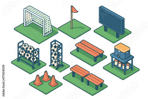 Isometric soccer field equipment set including goal net, footballs, storage racks, benches, cones, scoreboard, and water station