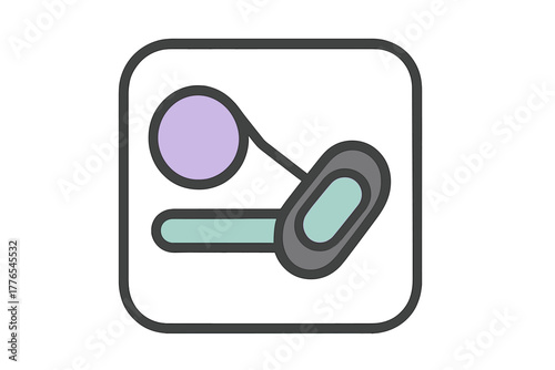 Minimalist abstract icon representing linked shapes and a circular object inside a rounded border