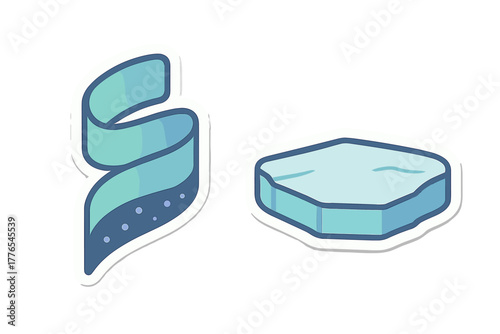 Abstract swirling ribbon shape and geometric floating ice platform in blue green gradients