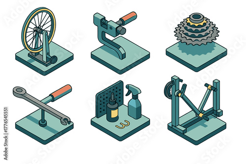 Essential bicycle repair tools and components including wheel stand, cassette, wrench, and cleaning supplies