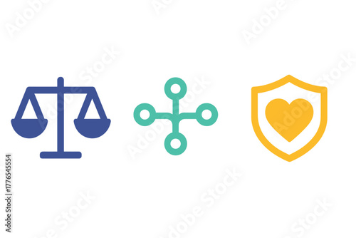 Collection of three abstract icons: balance scale, network node, and shield with heart