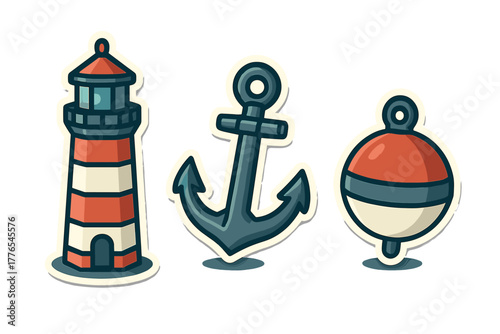 Collection of nautical maritime objects including striped lighthouse, heavy anchor, and round floating buoy