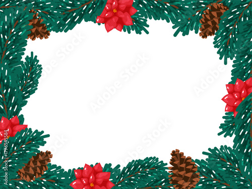Christmas Pine Border with Poinsettias and Cones