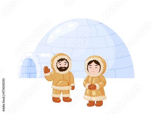 Inuit People in Traditional Clothes with Igloo
