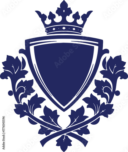 Elegant royal coat of arms with shield crown and floral decorations navy design