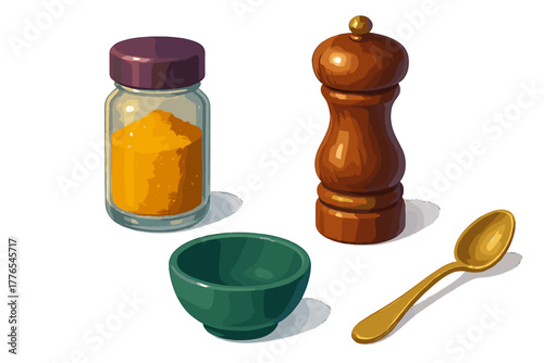 Spice jar, wooden pepper mill, green bowl, and golden spoon kitchen utensils
