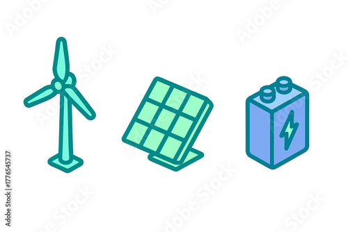 Wind turbine, solar panel, and electric battery storage representing renewable energy sources
