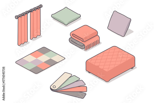 Isometric home textiles set with curtains, pillows, rug, ottoman, and color palette