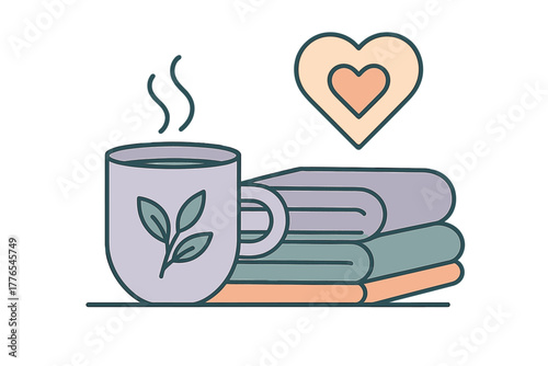 Steaming mug of herbal tea next to a stack of cozy blankets and floating heart symbol