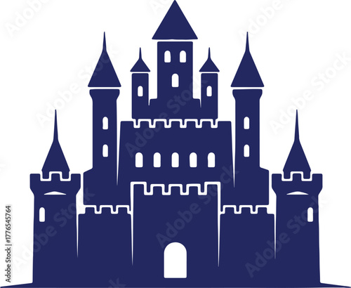 Majestic castle silhouette illustration with towers and fortified walls for fairytale and fantasy themes