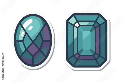 Pair of stylized faceted gemstones with round and rectangular cuts in teal and purple colors