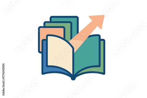 Open book and rising arrow symbolizing educational growth and knowledge acquisition