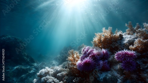 Fototapeta Naklejka Na Ścianę i Meble -  Vibrant underwater coral reef with purple anemones and sunbeams