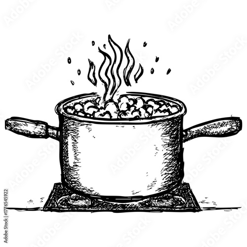 Cooking pot boiling on stove with steam rising. Kitchen utensil, food preparation. Hand drawn vector illustration isolated on white background.