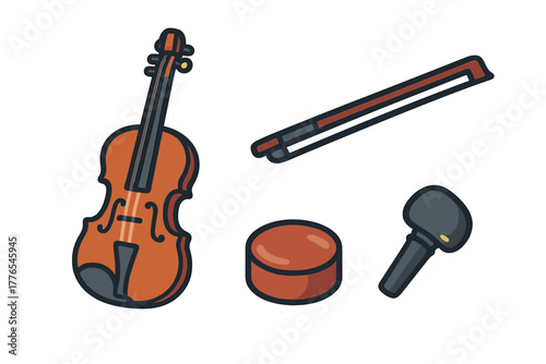 Set of violin accessories including bow, rosin, and mute in modern sticker style