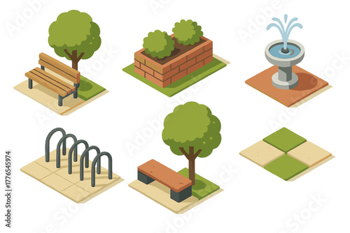 Isometric park and garden elements including benches trees fountain planter and paving tiles