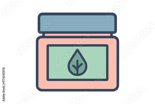 Square cosmetic cream jar with natural leaf drop symbol on the label, representing organic skincare products