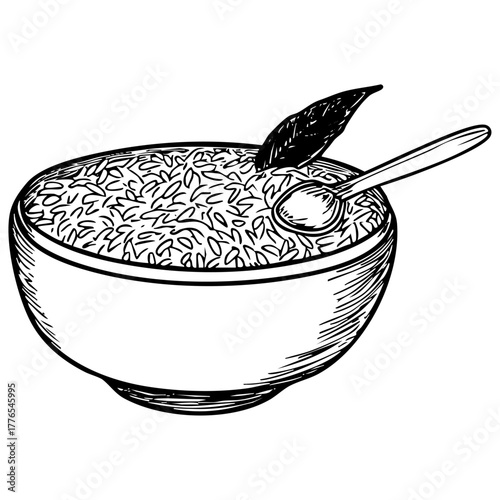 Breakfast bowl with cereal and spoon. Hand drawn illustration isolated on white background. Healthy food concept.