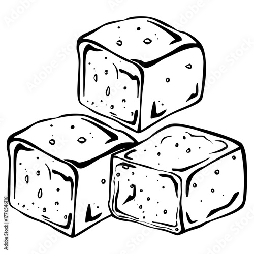 Three sugar cubes pieces ingredient isolated on white background hand drawn illustration for sweet food and drinks.