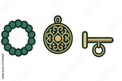 Stylized jewelry elements including a beaded bracelet, ornate pendant, and toggle clasp component