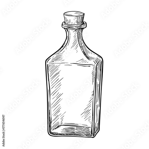 Glass bottle with cork stopper liquid container elegant design empty sketch hand drawn illustration on white background.