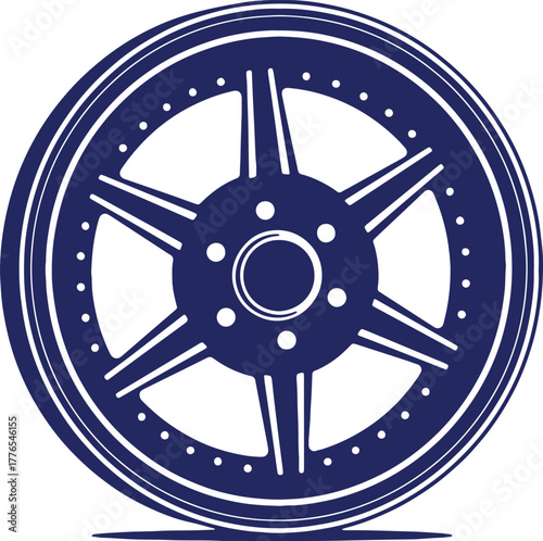 Stylized Blue Wheel Rim Illustration with Six Spokes and Detailed Circular Design