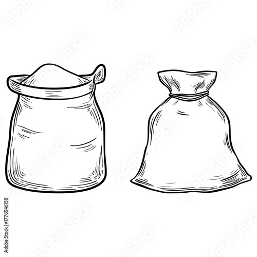 Two hand drawn sacks. Open bag of flour and tied closed sack outline. Detailed sketches for various agricultural goods.