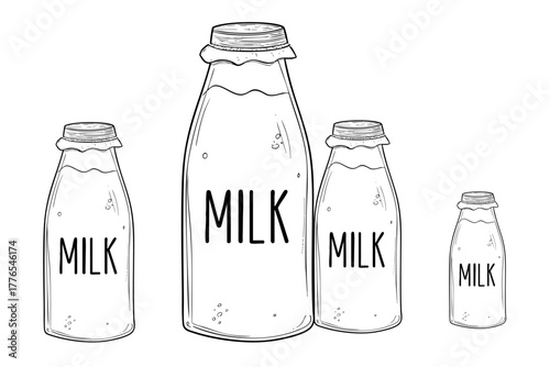 Collection of milk bottles. Four different sizes of dairy product. Hand drawn outline for beverage packaging.