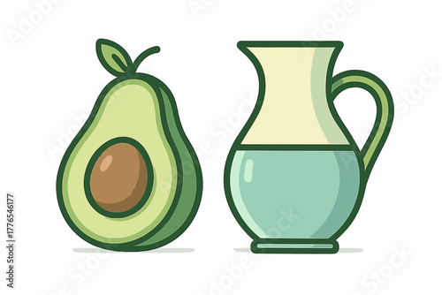 Ripe green avocado half with seed and a stylized pitcher containing cooking oil