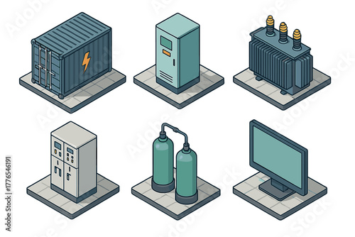 Isometric industrial equipment icons: power storage container, electrical transformer, control panels