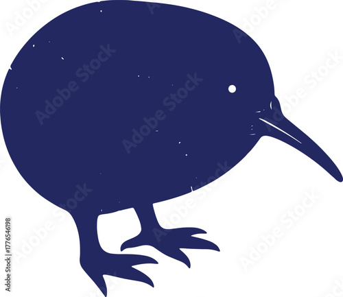 Stylized kiwi bird illustration in navy blue with simple details and slight texture