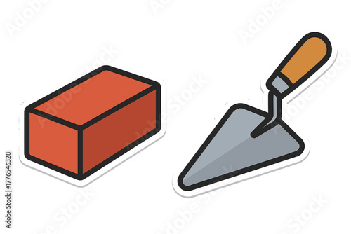 Isometric view of a single red clay brick next to a masonry trowel tool icon