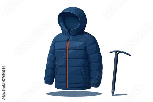 Warm blue hooded puffer jacket and mountaineering ice axe for winter sports and climbing gear