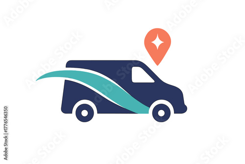 Fast moving delivery van icon with GPS location pin for tracking and logistics