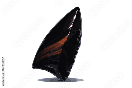 Sharp black obsidian shard with glossy surface and internal orange glow on white background
