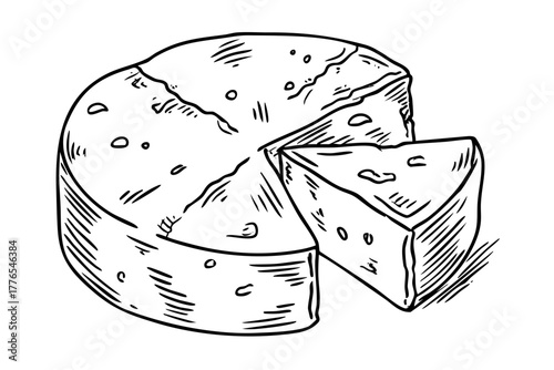 Delicious cheese wheel and a wedge piece. Dairy product gourmet food. Fresh cheese snack. Hand drawn sketch vector illustration.