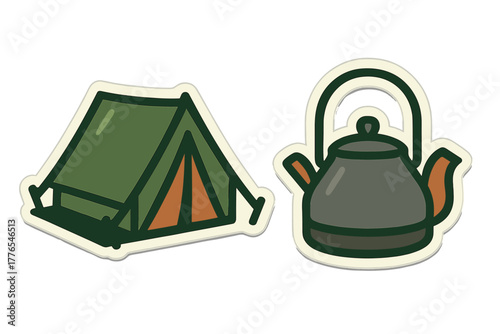 Classic camping tent and metal kettle sticker set for outdoor adventure travel