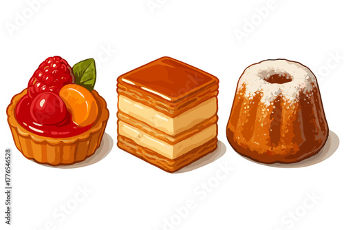 Assortment of three delicious desserts: fruit tart, layered pastry, and powdered sugar cake