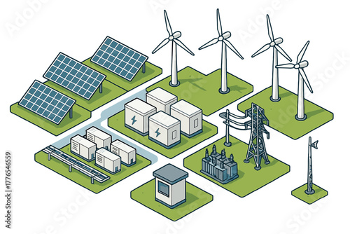 Renewable energy smart grid system with solar panels, wind turbines, battery storage, and power transmission