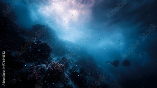 Fototapeta Naklejka Na Ścianę i Meble -  Scuba divers explore a dramatic deep blue coral reef illuminated by ethereal surface light