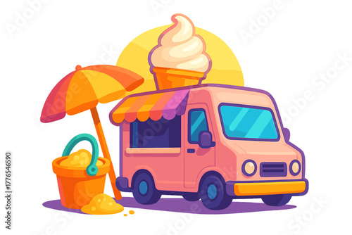 Whimsical ice cream truck parked near a beach umbrella and sand bucket under a sunny sky