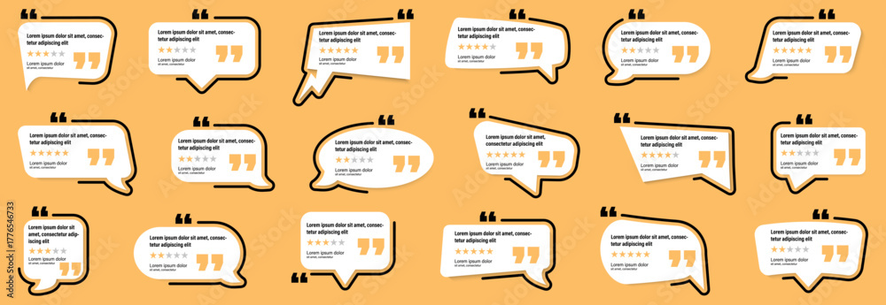 Obraz premium Feedback quote bubble collection with rating stars and testimonial layout. Perfect for reviews, comments, and client feedback