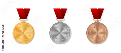 Realistic gold, silver, and bronze medals with red ribbons and metallic shine. Perfect for sports, awards, and competition themes