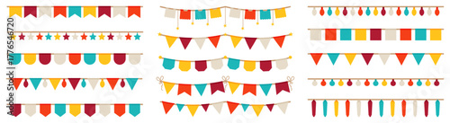 Festive bunting flags collection with colorful shapes and holiday decorations. Perfect for parties, fairs, and celebration events