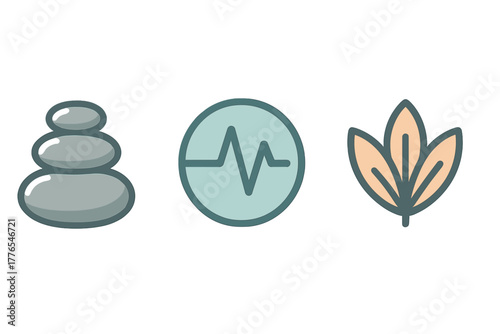 Spa stones, heartbeat monitor, and organic leaf symbols for holistic wellness and health