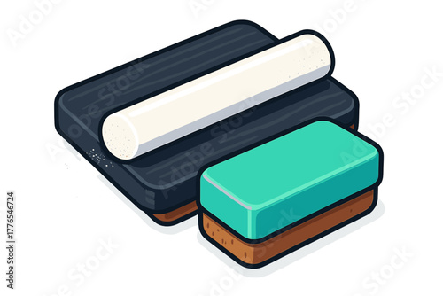 Isometric view of white chalk resting on a stack of dark chalkboards next to a teal and brown eraser