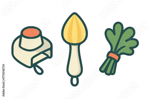 Collection of kitchen tools and fresh ingredients including a citrus juicer, timer, and bunch of herbs